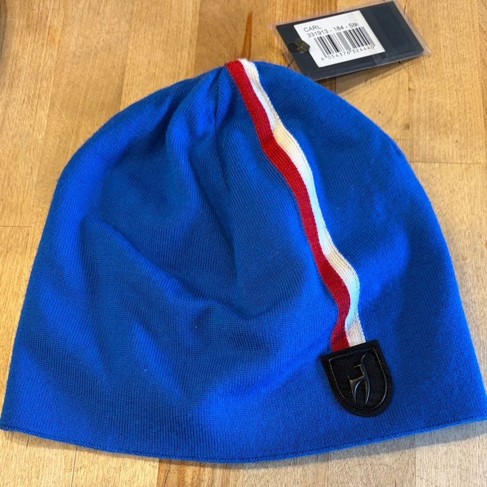 Classic Blue Beanie with Red and White Stripe by